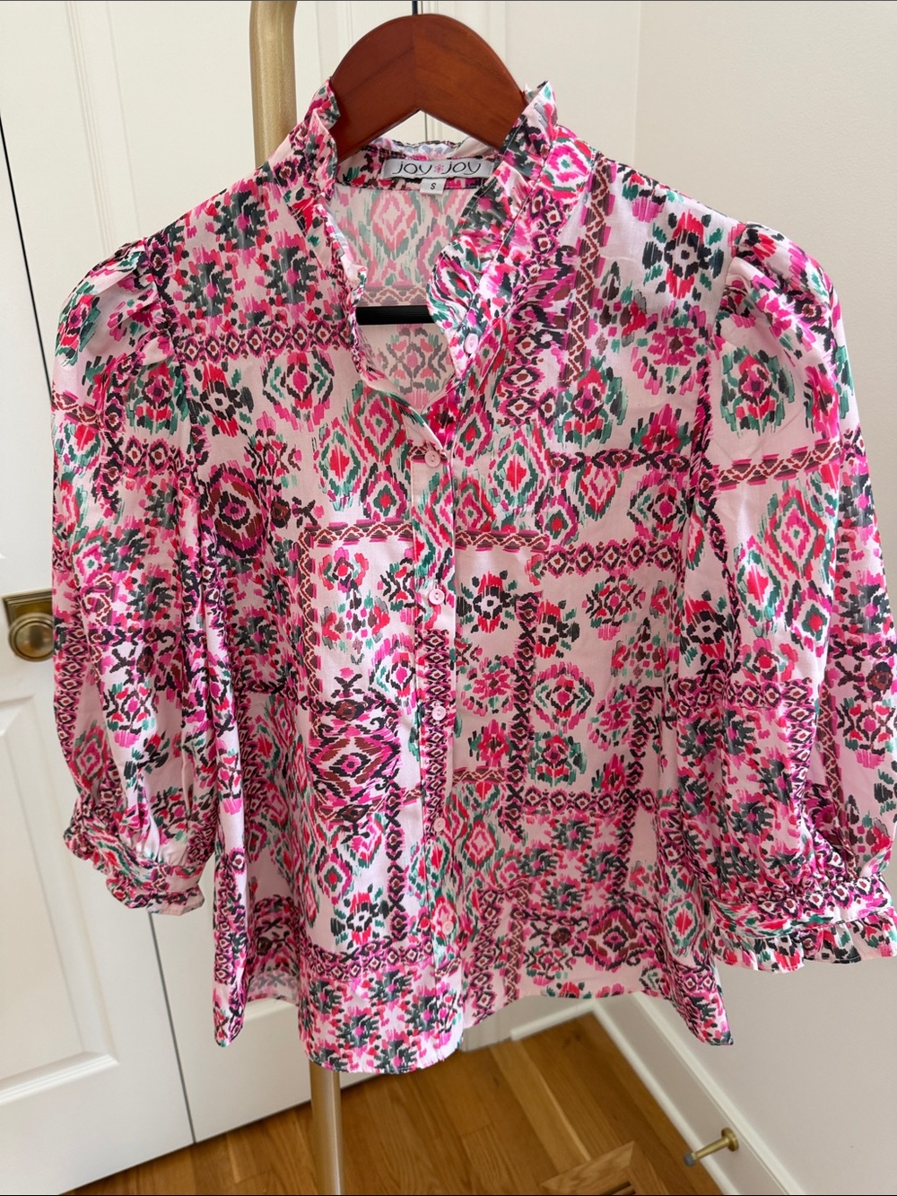 Pink Patterned Ruffle-Collar Blouse